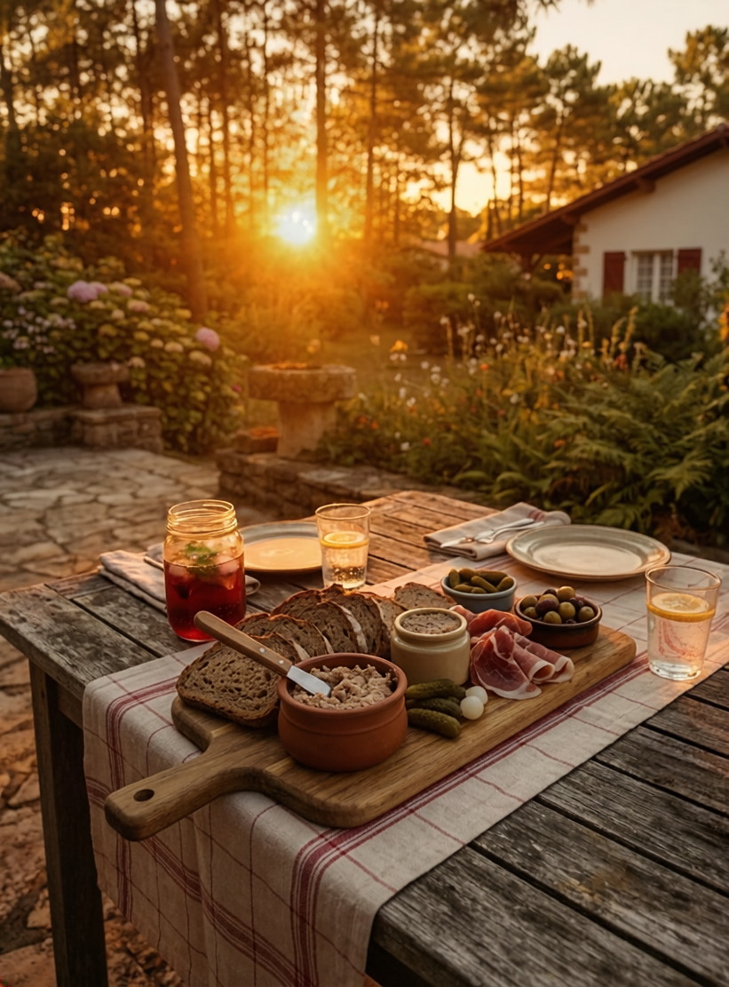 Ap&eacute;ritif landais d'&eacute;t&eacute; avec rillettes, terrine et condiments