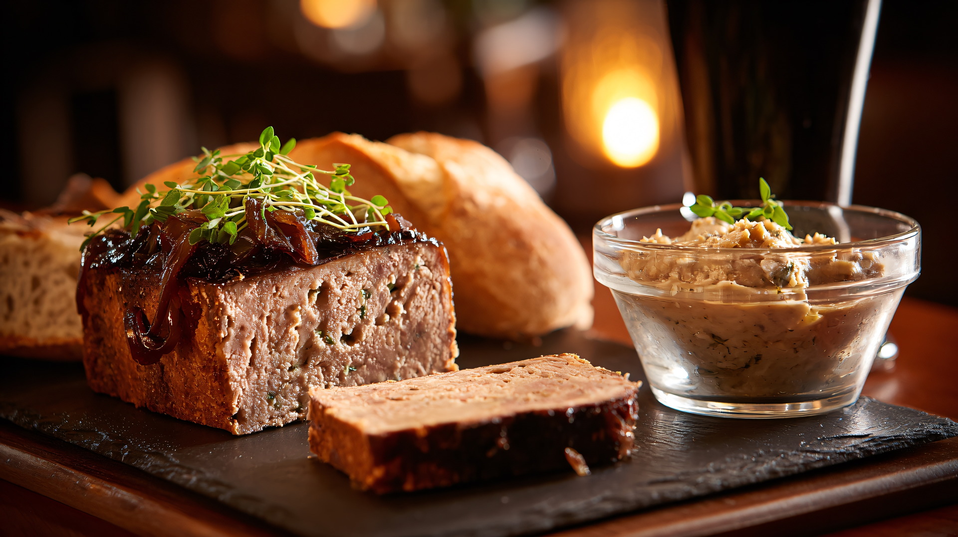 Rillettes tartin&eacute;es et terrine tranch&eacute;e servies &agrave; l'ap&eacute;ritif
